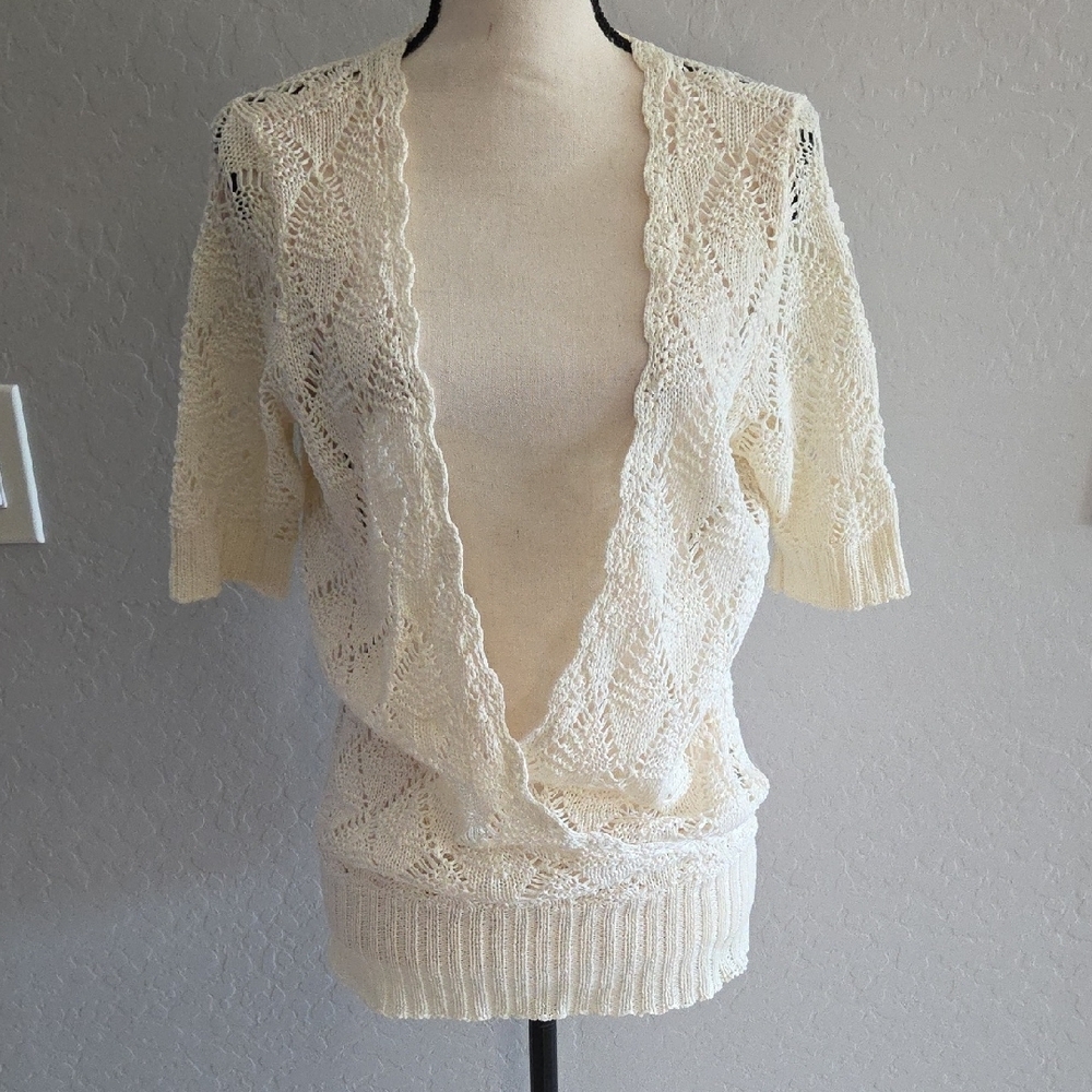 intuitions Cream Knit Wrapped Front V-neck Cardigan Size Large - Picture 7 of 8